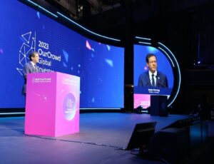 An image of Israel's President Isaac Herzog delivering a speech at the OurCrowd Global Investor Summit 2023.
